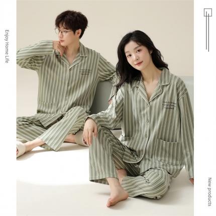 91家纺网 家纺一手货源 找家纺 洛兰沙 100棉纯棉情侣睡衣开衫条纹纯色家居服