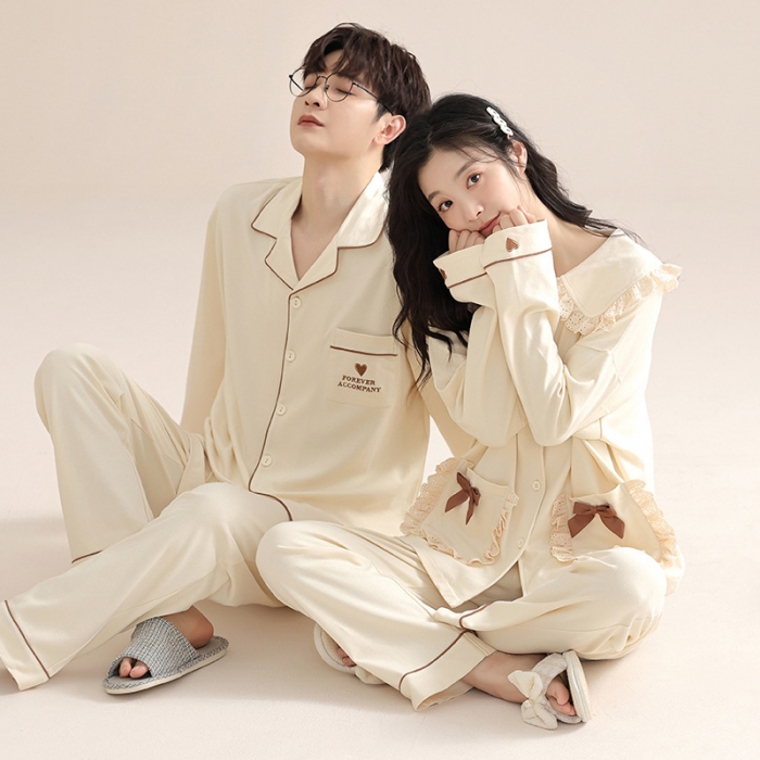 91家纺网 家纺一手货源 找家纺 洛兰沙 100棉纯棉情侣睡衣开衫条纹纯色家居服