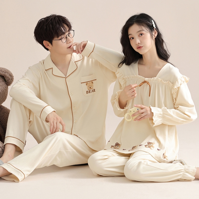 91家纺网 家纺一手货源 找家纺 洛兰沙 100棉纯棉情侣睡衣开衫条纹纯色家居服