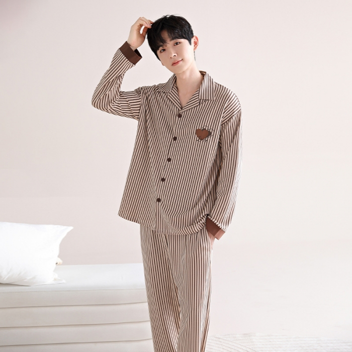 91家纺网 家纺一手货源 找家纺 洛兰沙 100棉纯棉情侣睡衣开衫条纹纯色家居服