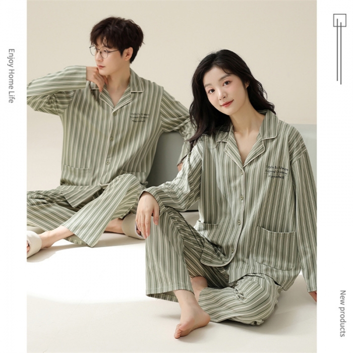 91家纺网 家纺一手货源 找家纺 洛兰沙 100棉纯棉情侣睡衣开衫条纹纯色家居服