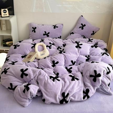 91家纺网 家纺一手货源 找家纺 桃子 2023新款A类加厚色纱舒舒绒提花蝴蝶结四件套 紫色蝴蝶结