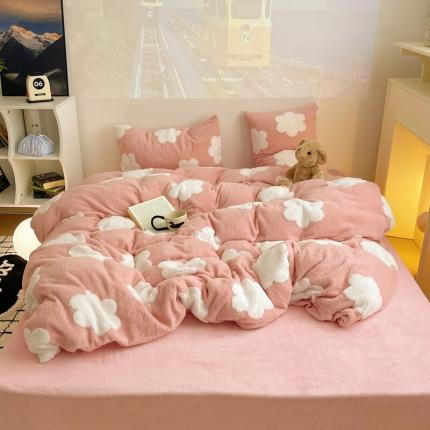 桃子 2023新款A类加厚色纱舒舒绒提花蝴蝶结四件套 花朵粉