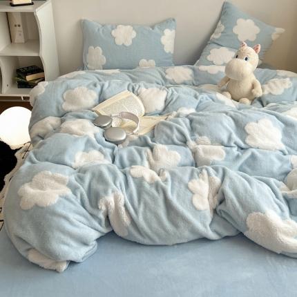 桃子 2023新款A类加厚色纱舒舒绒提花蝴蝶结四件套 花朵蓝