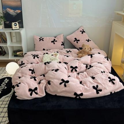 桃子 2023新款A类加厚色纱舒舒绒提花蝴蝶结四件套 甜酷蝴蝶结