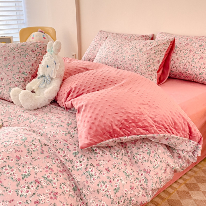 91家纺网 家纺一手货源 找家纺 （总）千朵 2023新款棉加绒豆豆绒四件套