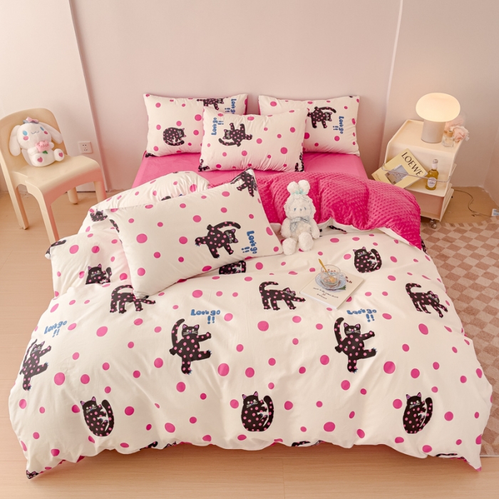 91家纺网 家纺一手货源 找家纺 千朵 2023新款棉加绒豆豆绒四件套 波点猫