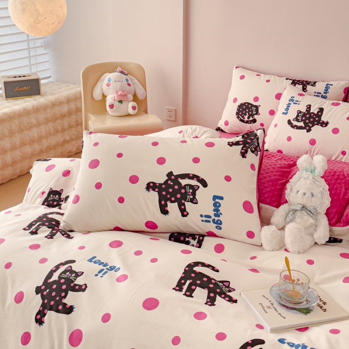 91家纺网 家纺一手货源 找家纺 千朵 2023新款棉加绒豆豆绒四件套 波点猫