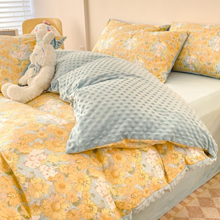 91家纺网 家纺一手货源 找家纺 千朵 2023新款棉加绒豆豆绒四件套 茶茶兔