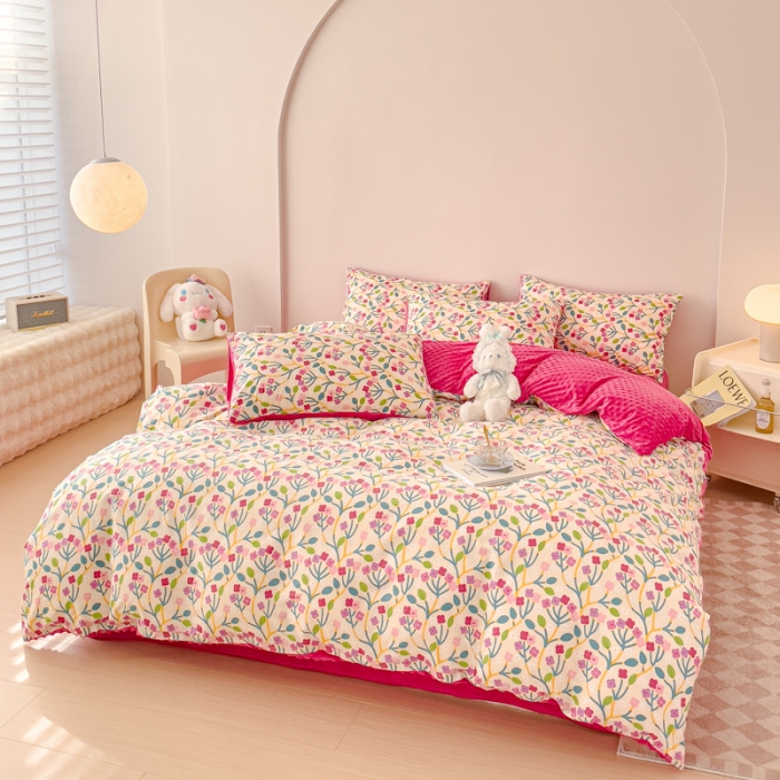 91家纺网 家纺一手货源 找家纺 千朵 2023新款棉加绒豆豆绒四件套 粉调