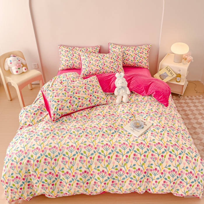 91家纺网 家纺一手货源 找家纺 千朵 2023新款棉加绒豆豆绒四件套 粉调