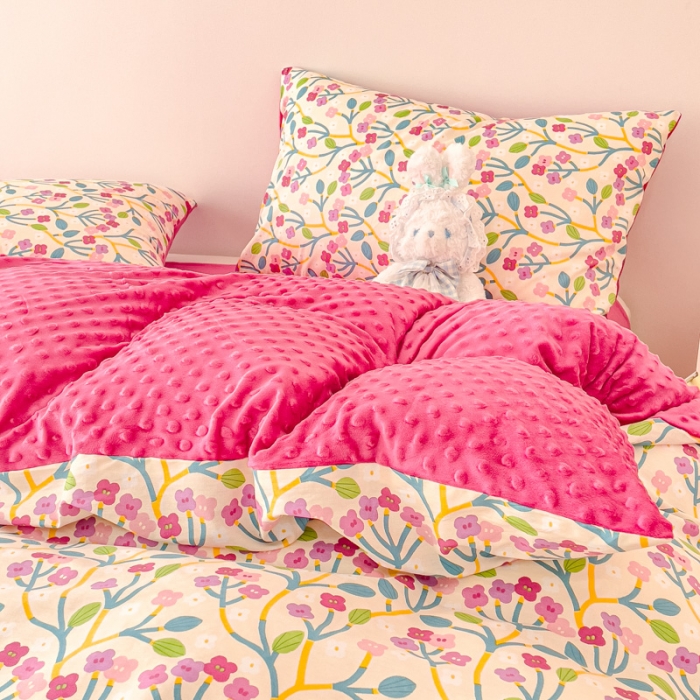 91家纺网 家纺一手货源 找家纺 千朵 2023新款棉加绒豆豆绒四件套 粉调