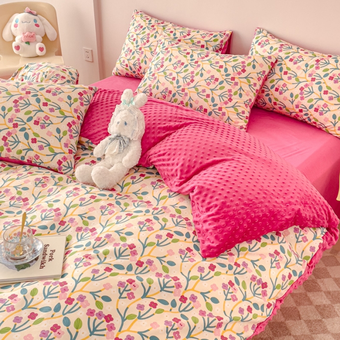 91家纺网 家纺一手货源 找家纺 千朵 2023新款棉加绒豆豆绒四件套 粉调