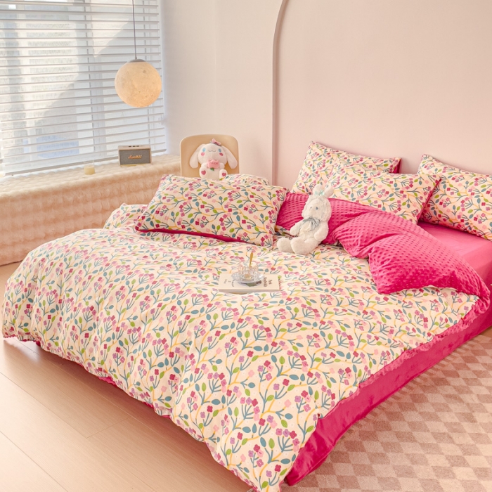 91家纺网 家纺一手货源 找家纺 千朵 2023新款棉加绒豆豆绒四件套 粉调