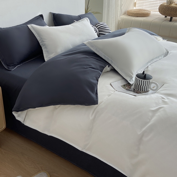 91家纺网 家纺一手货源 找家纺 楠沐 2025年新款纯色双拼水洗棉柔感四件套 白蓝灰