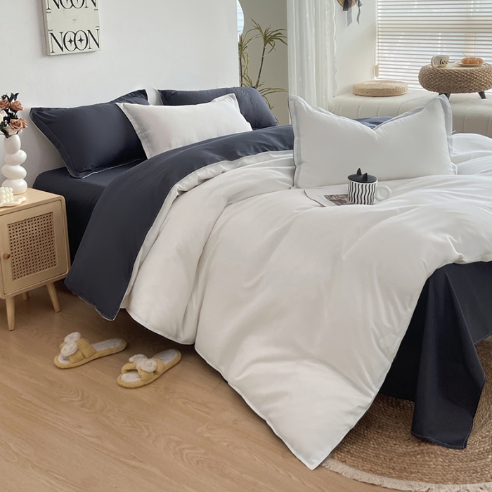 91家纺网 家纺一手货源 找家纺 楠沐 2025年新款纯色双拼水洗棉柔感四件套 白蓝灰