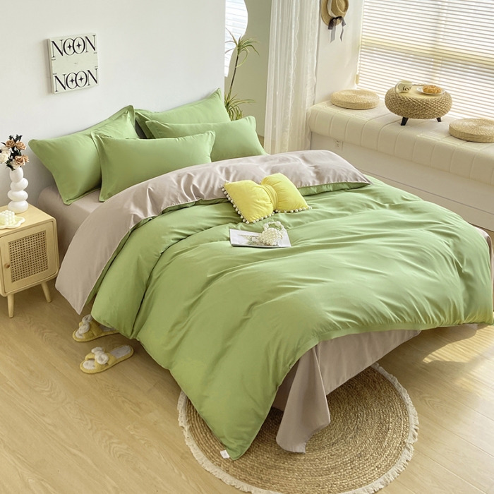 91家纺网 家纺一手货源 找家纺 楠沐 2025年新款纯色双拼水洗棉柔感四件套 果绿+浅驼