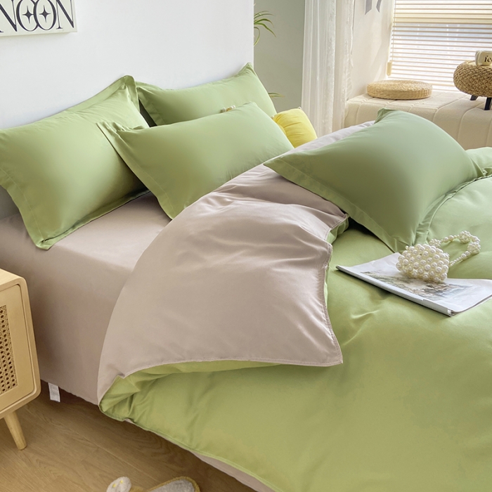 91家纺网 家纺一手货源 找家纺 楠沐 2025年新款纯色双拼水洗棉柔感四件套 果绿+浅驼