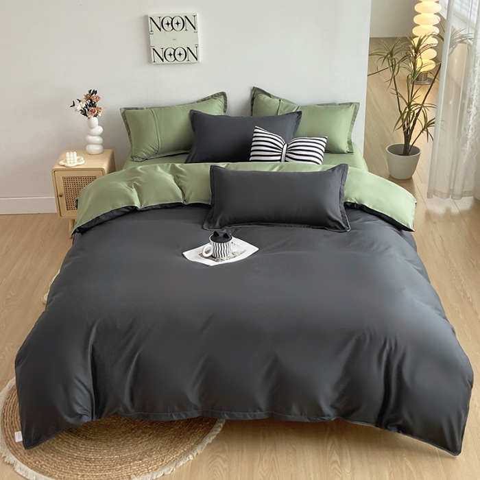91家纺网 家纺一手货源 找家纺 楠沐 2025年新款纯色双拼水洗棉柔感四件套 果绿+耀夜黑