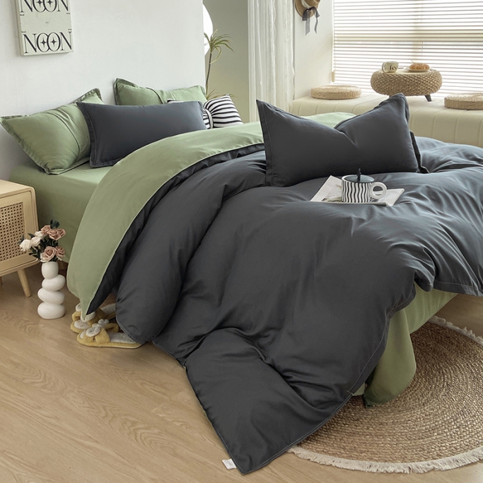 91家纺网 家纺一手货源 找家纺 楠沐 2025年新款纯色双拼水洗棉柔感四件套 果绿+耀夜黑