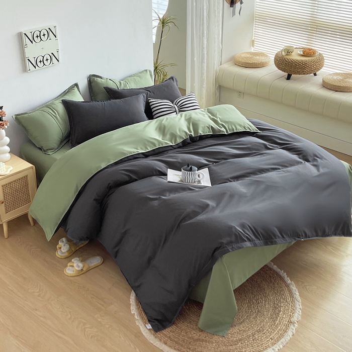 91家纺网 家纺一手货源 找家纺 楠沐 2025年新款纯色双拼水洗棉柔感四件套 果绿+耀夜黑