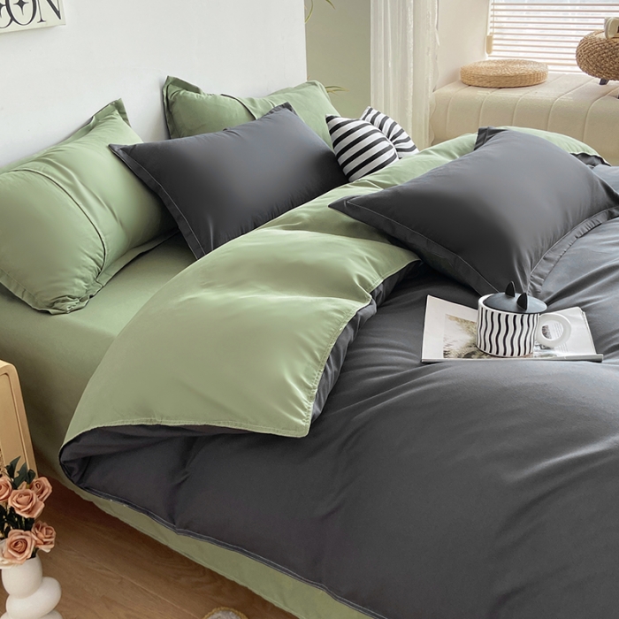 91家纺网 家纺一手货源 找家纺 楠沐 2025年新款纯色双拼水洗棉柔感四件套 果绿+耀夜黑