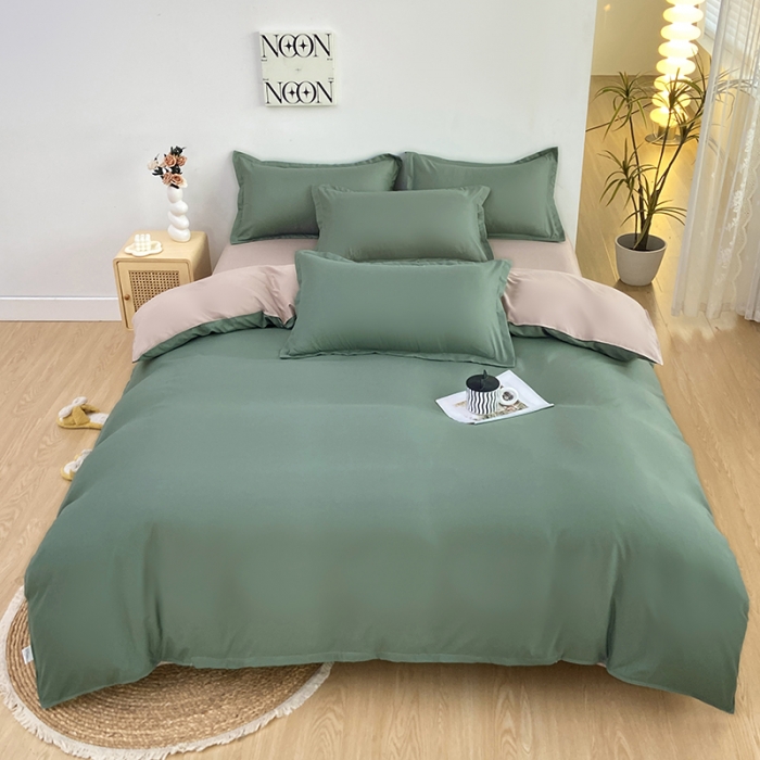 91家纺网 家纺一手货源 找家纺 楠沐 2025年新款纯色双拼水洗棉柔感四件套 军绿+浅驼