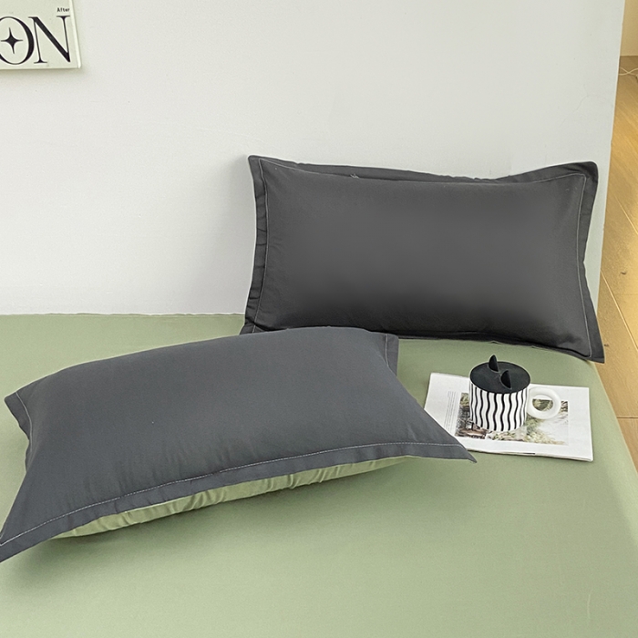 91家纺网 家纺一手货源 找家纺 楠沐 2025年新款纯色双拼水洗棉柔感四件套 果绿+耀夜黑