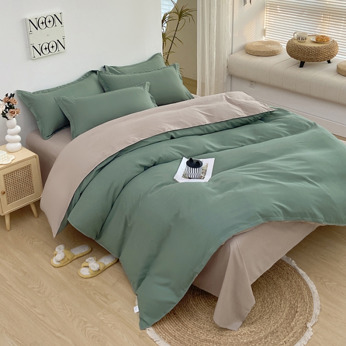 91家纺网 家纺一手货源 找家纺 楠沐 2025年新款纯色双拼水洗棉柔感四件套 军绿+浅驼