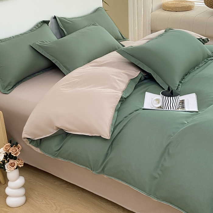 91家纺网 家纺一手货源 找家纺 楠沐 2025年新款纯色双拼水洗棉柔感四件套 军绿+浅驼