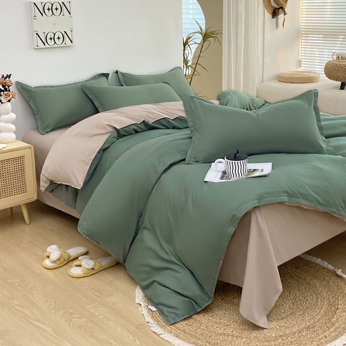 91家纺网 家纺一手货源 找家纺 楠沐 2025年新款纯色双拼水洗棉柔感四件套 军绿+浅驼