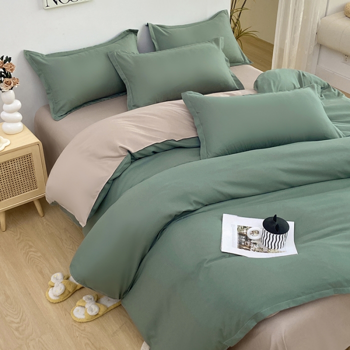 91家纺网 家纺一手货源 找家纺 楠沐 2025年新款纯色双拼水洗棉柔感四件套 军绿+浅驼