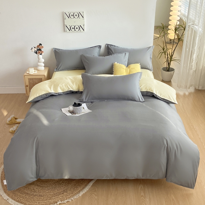 91家纺网 家纺一手货源 找家纺 楠沐 2025年新款纯色双拼水洗棉柔感四件套 米黄+浅灰