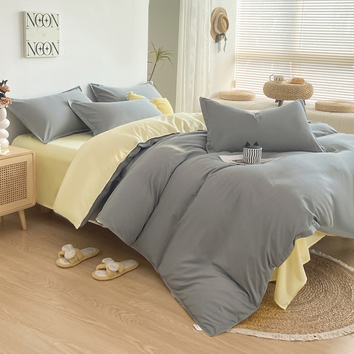 91家纺网 家纺一手货源 找家纺 楠沐 2025年新款纯色双拼水洗棉柔感四件套 米黄+浅灰