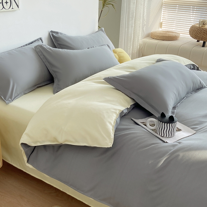 91家纺网 家纺一手货源 找家纺 楠沐 2025年新款纯色双拼水洗棉柔感四件套 米黄+浅灰