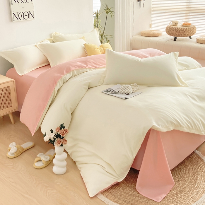 91家纺网 家纺一手货源 找家纺 楠沐 2025年新款纯色双拼水洗棉柔感四件套 米黄+粉玉