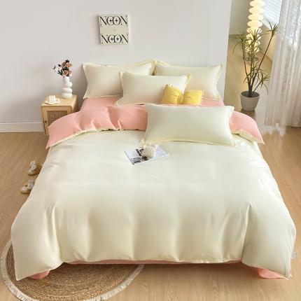 楠沐 2025年新款纯色双拼水洗棉柔感四件套 米黄+粉玉