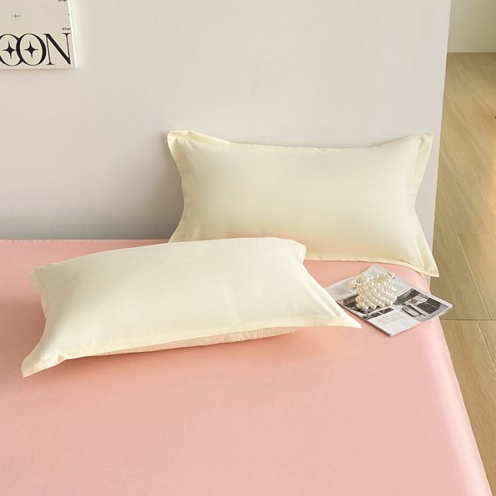 91家纺网 家纺一手货源 找家纺 楠沐 2025年新款纯色双拼水洗棉柔感四件套 米黄+粉玉