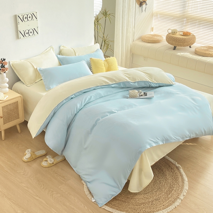 91家纺网 家纺一手货源 找家纺 楠沐 2025年新款纯色双拼水洗棉柔感四件套 米黄+浅蓝