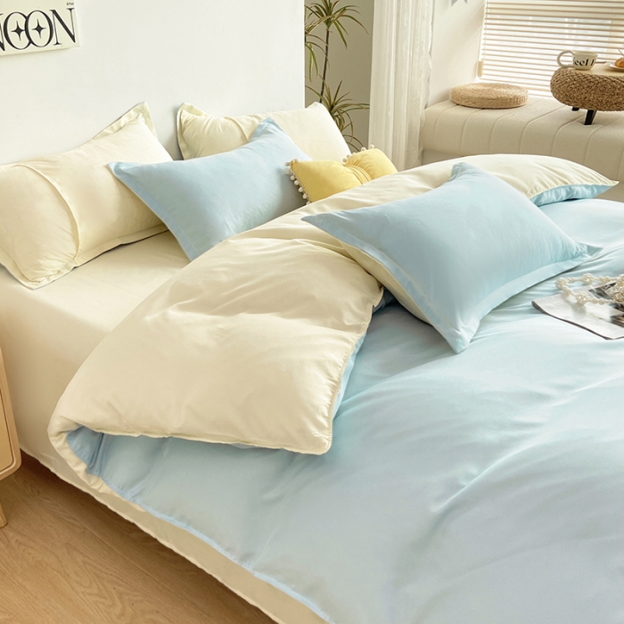 91家纺网 家纺一手货源 找家纺 楠沐 2025年新款纯色双拼水洗棉柔感四件套 米黄+浅蓝