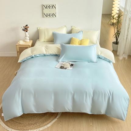 楠沐 2025年新款纯色双拼水洗棉柔感四件套 米黄+浅蓝