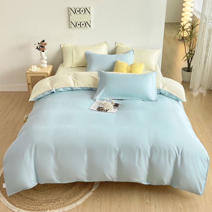 91家纺网 家纺一手货源 找家纺 楠沐 2025年新款纯色双拼水洗棉柔感四件套 米黄+浅蓝