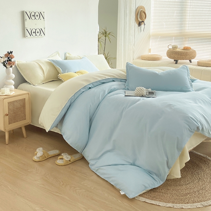 91家纺网 家纺一手货源 找家纺 楠沐 2025年新款纯色双拼水洗棉柔感四件套 米黄+浅蓝