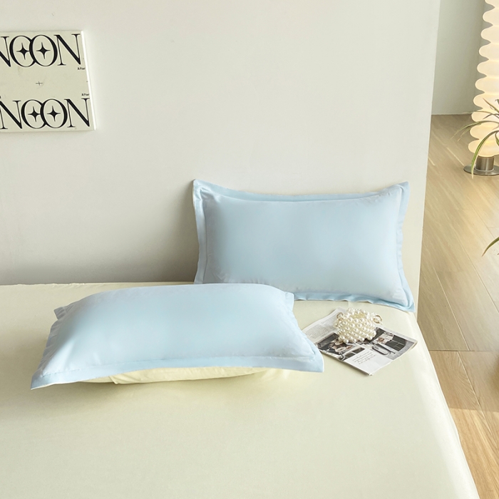 91家纺网 家纺一手货源 找家纺 楠沐 2025年新款纯色双拼水洗棉柔感四件套 米黄+浅蓝