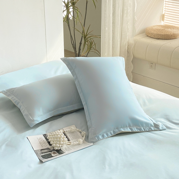 91家纺网 家纺一手货源 找家纺 楠沐 2025年新款纯色双拼水洗棉柔感四件套 米黄+浅蓝