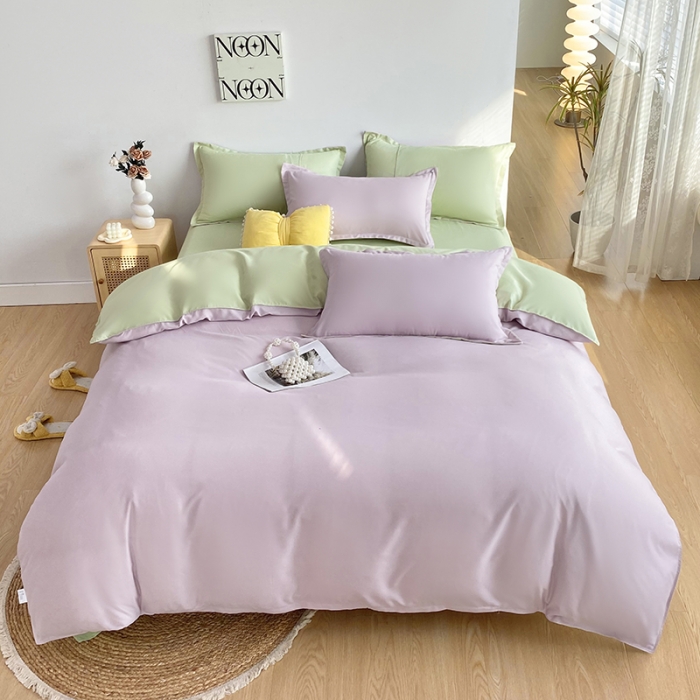 91家纺网 家纺一手货源 找家纺 楠沐 2025年新款纯色双拼水洗棉柔感四件套 奶粉色+泡泡绿