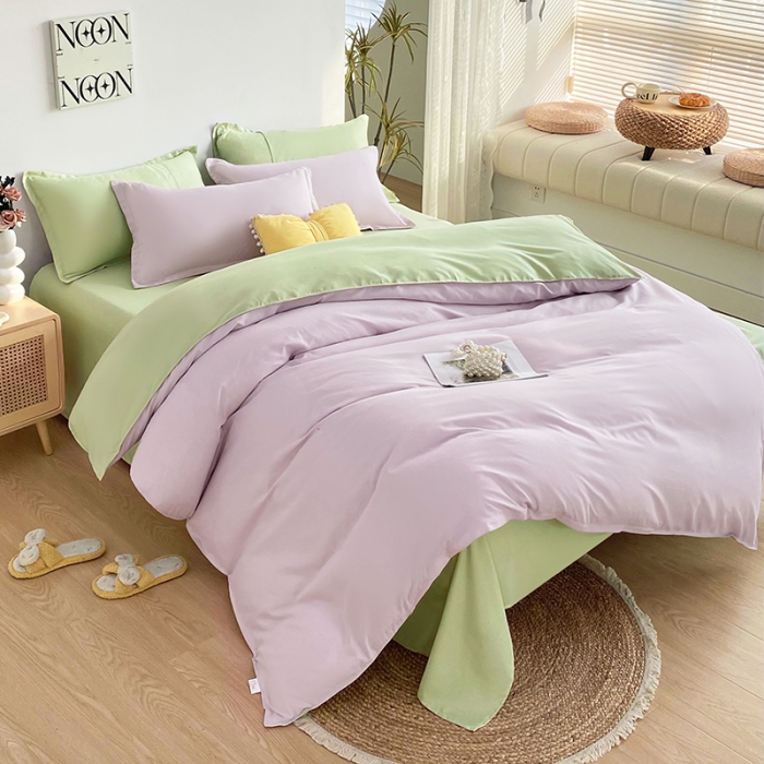 91家纺网 家纺一手货源 找家纺 楠沐 2025年新款纯色双拼水洗棉柔感四件套 奶粉色+泡泡绿