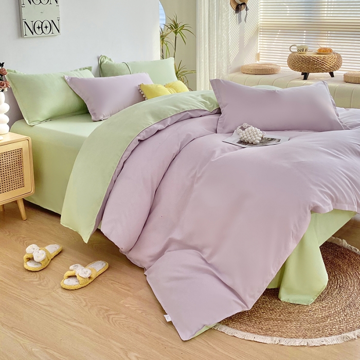 91家纺网 家纺一手货源 找家纺 楠沐 2025年新款纯色双拼水洗棉柔感四件套 奶粉色+泡泡绿