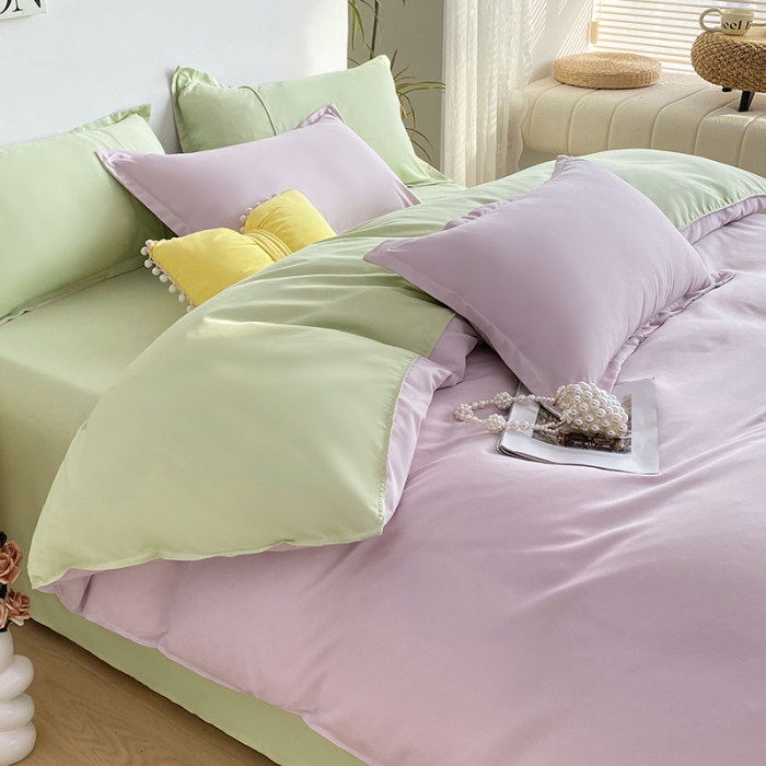 91家纺网 家纺一手货源 找家纺 楠沐 2025年新款纯色双拼水洗棉柔感四件套 奶粉色+泡泡绿