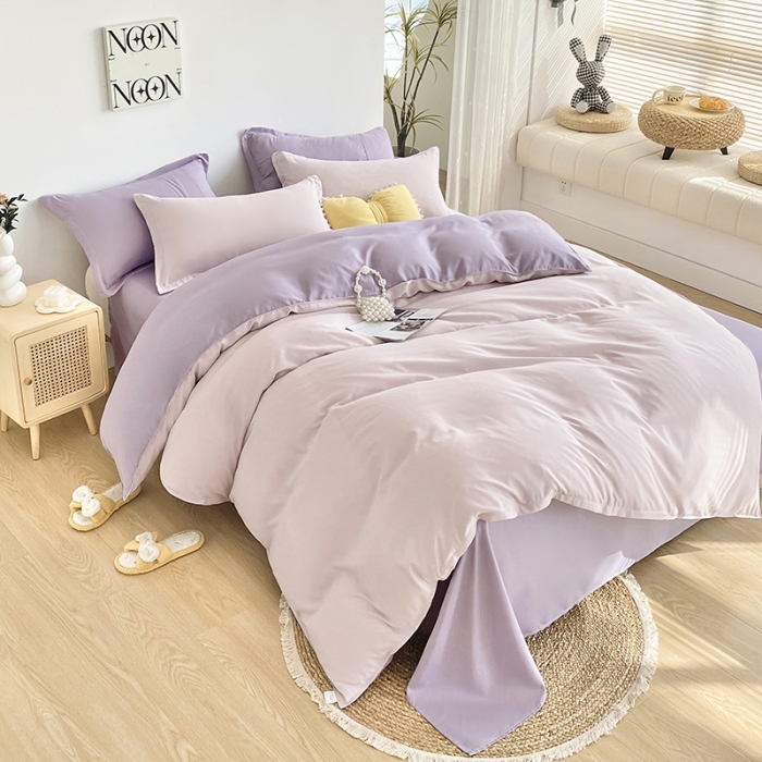 91家纺网 家纺一手货源 找家纺 楠沐 2025年新款纯色双拼水洗棉柔感四件套 奶粉色+泡泡紫